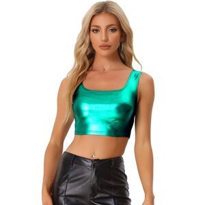 U Neck Sleeveless Party Clubwear Holographic Shiny Metallic Crop Top Green
